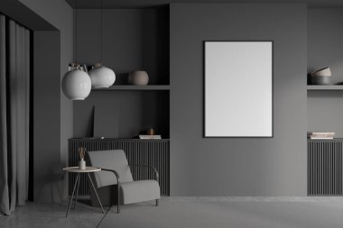 İçi koyu gri oturma odası, bir posteri, rafları, perdeleri, bir halısı ve koltuk üzerinde iki kolye lambası var. Beton zemin. Modern ev tasarımı kavramı. Modelleme. 3d oluşturma