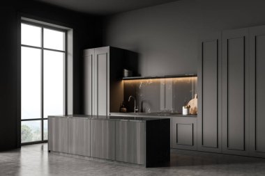 Aksanlı mermer kaplama ve açık raflı koyu gri mutfak, panoramik bir iç mekanda kahvaltı masası ve panoramik tasarım. Minimalist bir kavram. Köşe manzarası. 3d oluşturma