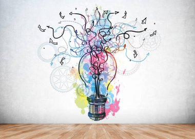 Renkli pembe, mavi ve sarı çizimler, büyük ampul, oklar, çizgiler ve beton duvarda dişli çarklar. Ahşap zemin. Hayal gücü kavramı ve yaratıcı fikirler için ilham.