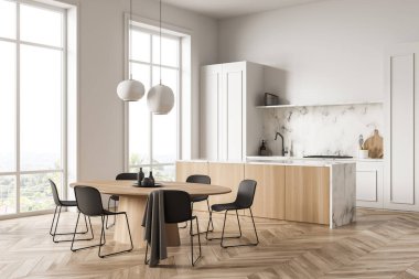 Beyaz dolaplı panoramik bir mutfağın köşesi, basit üst kısmı, iki kolye lambası ve siyah sandalyeli oval ahşap yemek masası. Parke. Minimalist bir kavram. 3d oluşturma