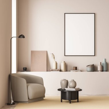 Bej oturma odasındaki posterde bir çıkıntı, yanında bir koltuk bulunan bir lamba, koyu bir sehpa ve sarı bir halı var. Parke zemin. Minimalist tasarım kavramı. Model yap. 3d oluşturma