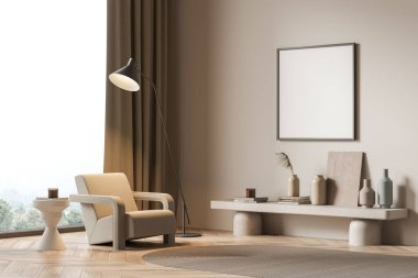 Bej oturma odasının köşesi kare poster, panoramik manzara, yer lambası, koltuk, oval halı ve bank. Parke. Modelleme. Modern ev tasarımı kavramı. 3d oluşturma