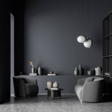 Gri oturma odası, iki aksanlı beyaz kolye ışığı koltuk, daha koyu bir sehpa, bir kitaplık, dar bir geçit ve beton zemin. Modern ev tasarımı kavramı. 3d oluşturma