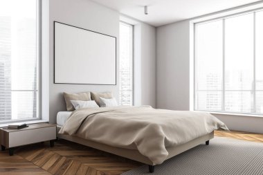 Çağdaş yatak odası iç tasarımı panoramik pencereli bej bir yatağın üzerindeki beyaz duvarda çerçevelenmiş yatay tuval. Parke. Köşe manzarası. Modern konsept. 3d oluşturma