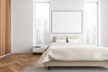 Çağdaş yatak odasının içinde panoramik pencereli bej bir yatağın üzerindeki beyaz duvarda boş çerçeveli yatay tuval. Parke. Modern apartman tasarımı kavramı. 3d oluşturma