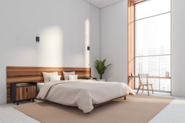 Beyaz yatak odası, pencere boşluğunda bir masa ve komodinli ahşap yatak ve modern kolye ışıkları. Beton zemin. Köşe manzarası. Otel tasarımı konsepti. 3d oluşturma