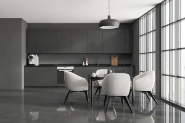 Yemek masası, dört beyaz koltuk ve mutfak dolabı olan panoramik gri mutfak odası. Beton zemin. Modern apartman tasarımı kavramı. 3d oluşturma