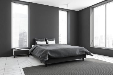 Panoramik pencereleri olan beyaz ve gri bir yatak odasının köşesi, komodinli bir yatak odası ve parke zemininde bir halı. Modern apartman tasarımı kavramı. 3d oluşturma