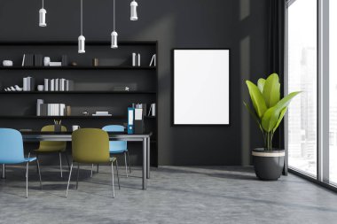 Gri ofis içindeki tuvalde tartışma masası, parlak sandalyeler, bir raf ve kolye ışıkları var. Beton zemin. Modern iş merkezi tasarımı kavramı. Model yap. 3d oluşturma