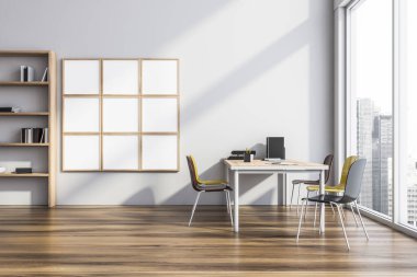 Personel tartışma masasının yanındaki boş kare tuval kombinasyonu parlak sandalyeler, panoramik bir manzara, bir raf ve ahşap zemin. Model yap. Modern ofis iç tasarımı kavramı. 3d oluşturma