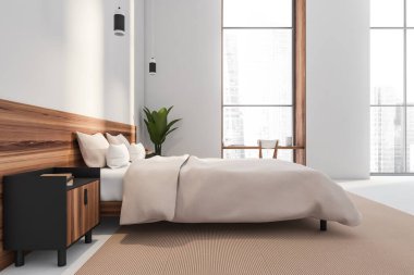 Beyaz yatak odasının içi pencerelerden birinde bir masa, komodinli ahşap bir başlık, kolye ışıkları ve beton zeminde bir halı. Otel tasarımı konsepti. 3d oluşturma