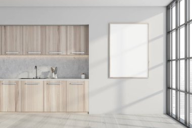 Hafif ahşap mutfağın beyaz duvarında mermer kaplama ve metal saplı boş tuval var. Parke. Modern iç tasarım konsepti olan panoramik bir bina. Model yap. 3d oluşturma