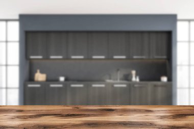 Modern panoramik pencerenin yanında koyu mavi duvar detaylarıyla siyah ahşap mutfak modüler dolabı. Reklam tasarımı konsepti. Model yap. 3d oluşturma