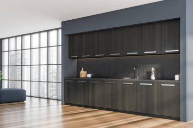 Siyah ahşap dolaplı mavi mutfak manzarası ve kanepeli panoramik bölge. Parke döşeme. Modern apartman tasarımı kavramı. 3d oluşturma