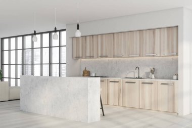 Üst üste panoramik pencereli beyaz mutfak. Ön tarafta bir kahvaltı barı, üç lamba ve ahşap döşeme. Modern apartman tasarımı kavramı. 3d oluşturma