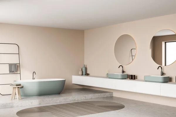 Modernes Badezimmer Mit Beigen Wänden Und Grüner Keramik Minimalistisches Design — Stockfoto