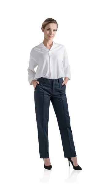 Jovem Mulher Negócios Atraente Vestindo Blusa Calças Está Mãos Pose — Fotografia de Stock