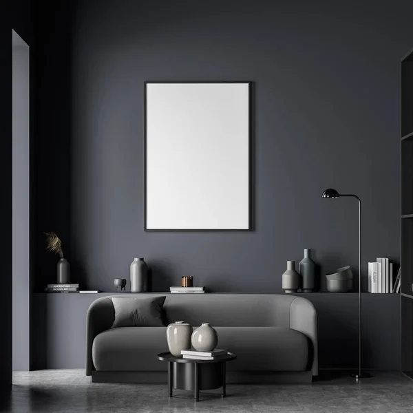 Canvas in the interior of a dark blue living room with a sofa, a basement ledge, a lamp, a coffee table and a grey concrete floor. Mockup. A concept of modern house design. 3d rendering