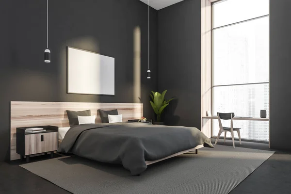 一个灰色卧室的角落 在有床头柜的木床上有一个水平帆布 在窗边有一张椅子 水泥地面 一个现代酒店设计的概念 把它弄坏了3D渲染 — 图库照片