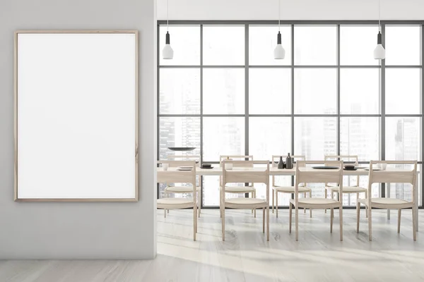 白い壁のパーティションと背景に現代的なパノラマダイニングルームのインテリアデザインに空のモックアップキャンバス 木製の床 3Dレンダリング — ストック写真