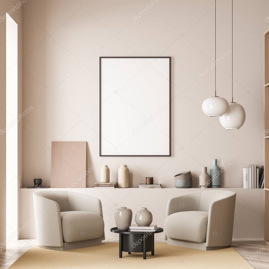 A poster, two pendant lamps and two armchairs with a black coffee table on a yellow rug in a living room interior with beige walls. Parquet. A concept of modern house design. Mockup. 3d rendering.