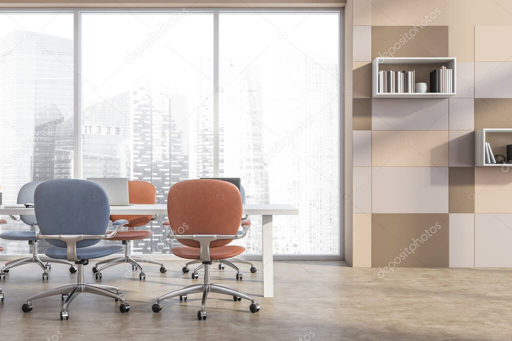 Conference table with blue and terracotta office chairs, a panoramic view and a beige tile wall with ledge shelves Concrete floor. Office interior with a modern design concept. 3d rendering