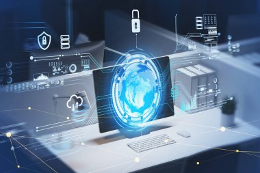 Masaüstü, masa, klavye olan ofis işyeri. Hologramla dijital arayüz ve ön planda asma kilit, kalkan, bulut veri deposu, bitcoin, bar ve pasta diyagramı simgelerine sahip hud