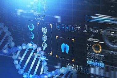 DNA hologramı ve hud ile dijital arayüz. Akciğer, hap, termometre, şırınga, acil durum çağrısı, teşhis, pasta diyagramı. Gelecekteki sağlık teknolojileri kavramı. 3d oluşturma
