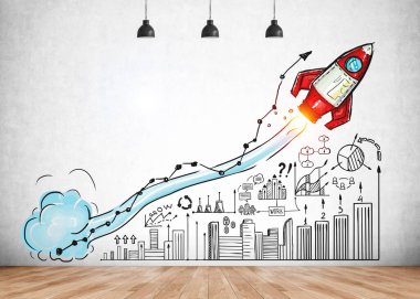 Büyük roket fırlatma, iş yeri, plan, takım çalışması, büyüme, bulut verisi, mesaj, beton duvarda bar ve turta diyagramı, meşe ağacından zemin. Yaratıcı fikirler için hayal gücü kavramı