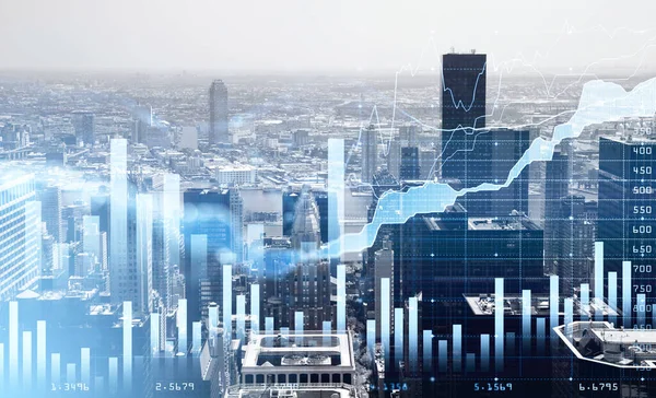 ニューヨーク市の超高層ビルのダウンタウンのパノラマビュー 前景にグラフと線のある金融チャート メガポリスの株式市場での取引の概念 — ストック写真