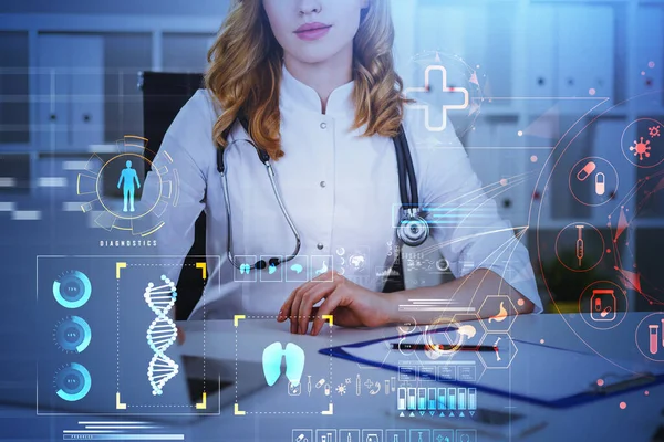 Ärztin Weißen Anzug Arbeitet Laptop Digitale Schnittstelle Mit Ikonen Von — Stockfoto