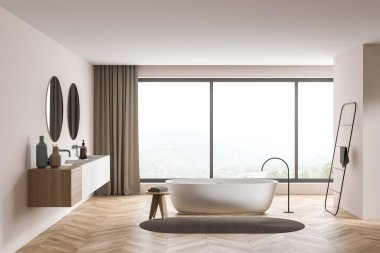 Modern bej banyo, panoramik manzaralı, modaya uygun detaylar, oval beyaz seramik banyo, bir halı, çift kibir, iki ayna ve parke döşeme. Minimalist tasarım. 3d oluşturma