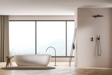 Duş alanı bej panoramik banyo dizaynına bağlı, minimalist detaylar ve parke tarzı döşeme ile oval beyaz küvet. Modern bir ev ve spa oteli konsepti. 3d oluşturma