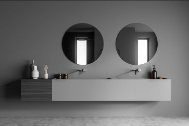 Çift taraflı malzemeler ve koyu gri duş odasının duvarında beton döşemeli iki adet trend aynalı çift kibir. Modern banyo iç tasarımı kavramı. 3d oluşturma