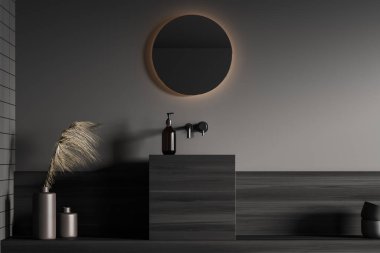 Koyu banyonun içini gri duvar, yuvarlak ayna, lavabo, pompa, çanak çömlek ve vazo ile yakından görebiliriz. Rahatlamak için minimalist tasarım kavramı. 3d oluşturma