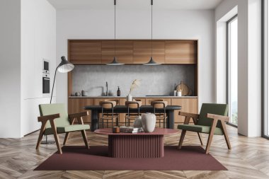Mutfak odası içinde yemek masası, altı sandalye, iki koltuk, ahşap parke zemin, elektrikli tencere ve panoramik pencere. Çağdaş minimalist tasarım. Yemek yapmak için mükemmel bir yer. 3d oluşturma
