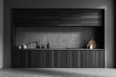 Karanlık, rahat mutfak odasının içini elektrikli fırın, beton zemin ve çanak çömlek ile yakından görebiliriz. Çağdaş İskandinav minimalist tasarımı. Yaratıcı fikir için boş alan. 3d oluşturma