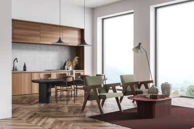 Mutfak odasının iç tarafının manzarası, yemek masası, altı sandalye, iki koltuk, ahşap parke zemin ve panoramik pencere. Çağdaş minimalist tasarım. Yemek yapmak için mükemmel bir yer. 3d oluşturma
