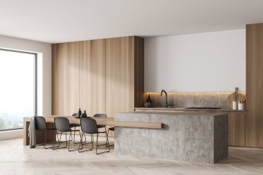 Açık ahşap mutfak iç mimarisi şık bir yemek masası, siyah sandalyeler ve gri sümüklü beyaz bir alan. Minimalist tasarım konsepti. Köşe manzarası. 3d oluşturma