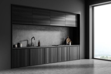 Karanlık, rahat mutfak odasının iç tarafında panoramik pencere, elektrikli fırın, beton zemin ve çanak çömlek var. Çağdaş minimalist tasarım. Yaratıcı fikir için boş alan. 3d oluşturma