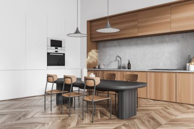 Mutfak odasının iç tarafında yemek masası, altı sandalye, ahşap parke zemin, elektrikli fırın ve soba var. Çağdaş minimalist tasarım. Yemek yapmak için mükemmel bir yer. 3d oluşturma