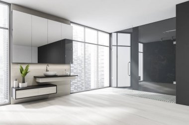 Karanlık banyo manzarası, büyük ayna, meşe ağacından zemin Singapur şehrinin gökdelen manzaralı panoramik pencere. Sağlık için hijyenik ve spa prosedürleri kavramı. 3d oluşturma