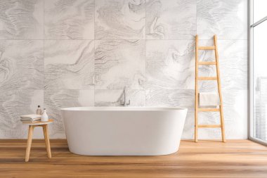 Parlak banyo içini banyo küveti, meşe ağacından zemin, Singapur gökdelen manzaralı panoramik pencere ve mermer duvar ile yakından görmek. Sağlık için hijyenik ve spa prosedürleri kavramı. 3d oluşturma