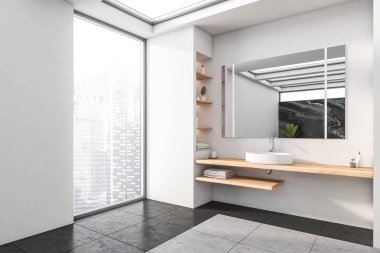 Geniş aynalı, beton zeminli, Singapur şehrinin gökdelen manzaralı panoramik pencereli parlak bir banyo. Sağlık için hijyenik ve spa prosedürleri kavramı. 3d oluşturma