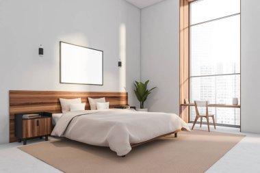 Yatak odasının iç tarafındaki beyaz duvarda boş bir yatay tuval pencere boşluğunda bir masa ve büyük tahta bir yatak başlığı var. Beton zemin. Modern otel tasarımı kavramı. Modelleme. 3d oluşturma