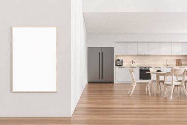 Parlak mutfak odası içi boş beyaz poster, meşe ağacı ahşap zemin, yemek masası, sandalyeler, soba, kahve makinesi. Çağdaş İskandinav minimalist tasarımı. 3d oluşturma