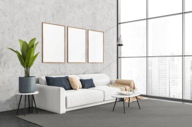 Galeri odasının içi boş üç beyaz poster, rahat kanepe, Singapur gökdelenleri manzaralı panoramik pencere. Minimalist İskandinav tasarımı kavramı. Model yap. 3d hazırlayıcı