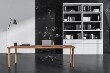 Karanlık ofis odasının içini, dizüstü bilgisayarı, rahat koltuğu, masası, kitapları, dosyaları, kitaplığı ve beton zemini olan yakın görüş. Çalışma süreci için mükemmel bir yer. Minimalist tasarım. 3d oluşturma