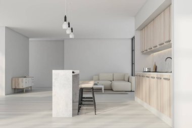 Beyaz mutfak içi kahvaltı masası, üç ışık, bir büfe ve arka planda bir kanepe. Hafif ahşap parke ve dolap üstü. Modern apartman tasarımı kavramı. 3d oluşturma
