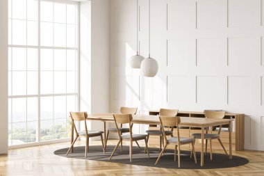 İki lamba, altı sandalye, bir büfe ve panoramik pencereli oturma odası masası. Beyaz duvar panelleri ve parke döşemeleri var. Modern ev tasarımı kavramı. Köşe manzarası. 3d oluşturma